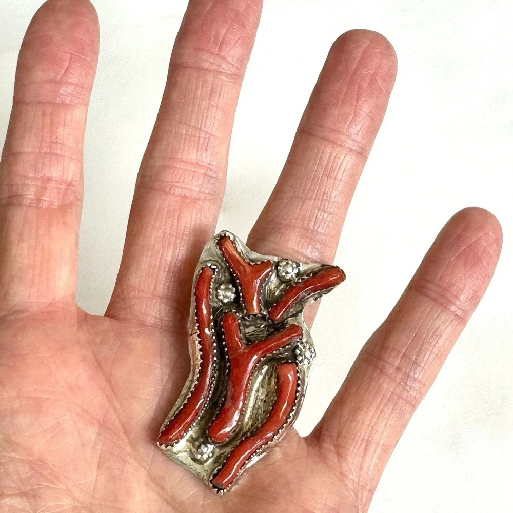 Navajo‎ Red Branch Coral Ring Sz 7 Sterling Signed Tsabetsaye Turquoise